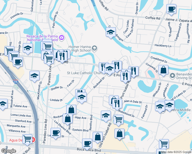 map of restaurants, bars, coffee shops, grocery stores, and more near 2845 Harwell Drive in Brownsville