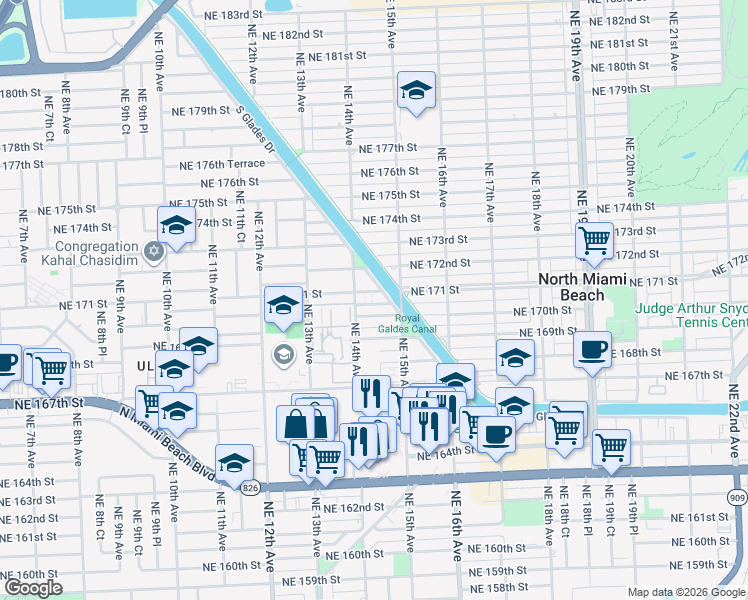 map of restaurants, bars, coffee shops, grocery stores, and more near 1450 Northeast 170th Street in North Miami Beach