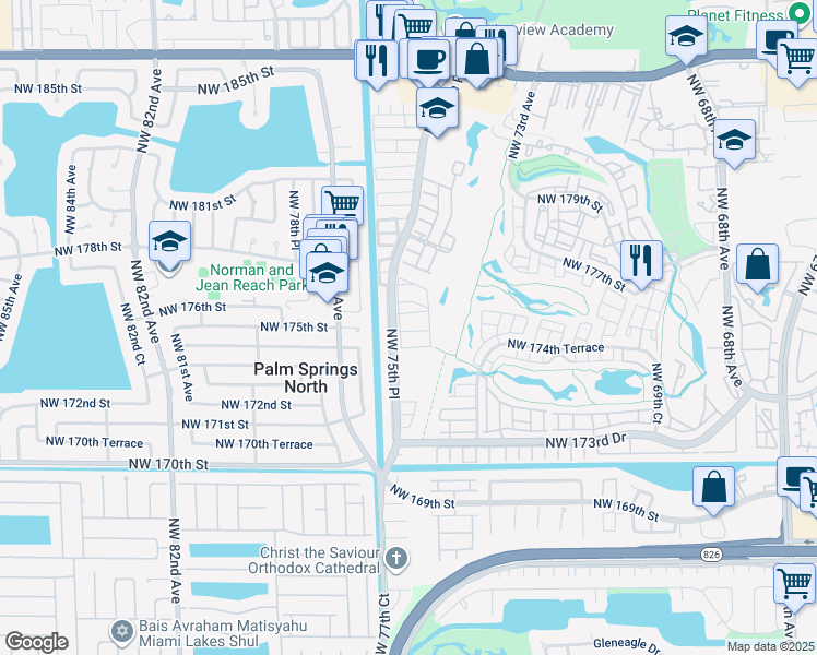 map of restaurants, bars, coffee shops, grocery stores, and more near 17460 Northwest 76th Court in Hialeah