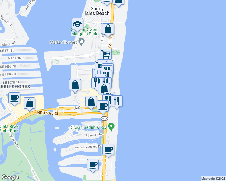 map of restaurants, bars, coffee shops, grocery stores, and more near 16901 Collins Avenue in Sunny Isles Beach