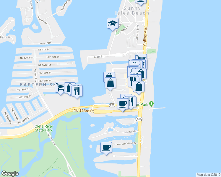 map of restaurants, bars, coffee shops, grocery stores, and more near 16950 North Bay Road in Sunny Isles Beach