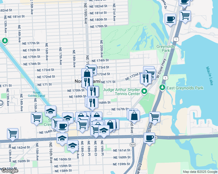 map of restaurants, bars, coffee shops, grocery stores, and more near 16961 Northeast 20th Avenue in North Miami Beach