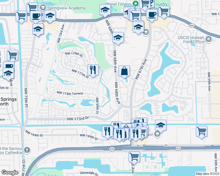 map of restaurants, bars, coffee shops, grocery stores, and more near 17600 Northwest 68th Avenue in Hialeah