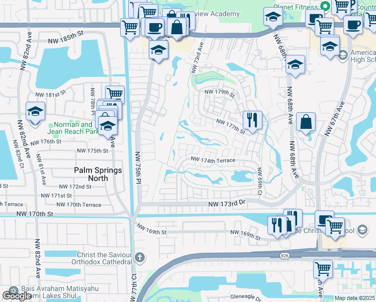 map of restaurants, bars, coffee shops, grocery stores, and more near 7340 Northwest 174th Terrace in Hialeah