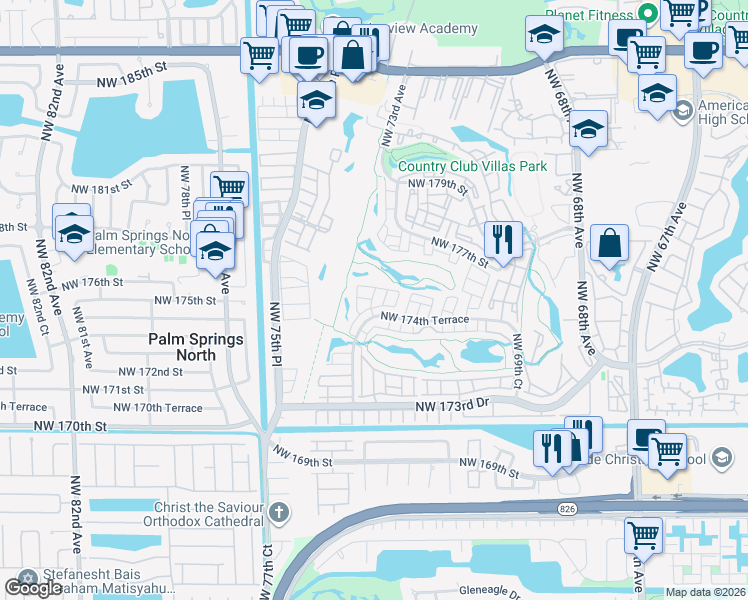 map of restaurants, bars, coffee shops, grocery stores, and more near 7340 Northwest 174th Terrace in Hialeah