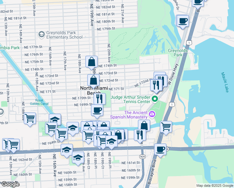 map of restaurants, bars, coffee shops, grocery stores, and more near 16961 Northeast 20th Avenue in North Miami Beach