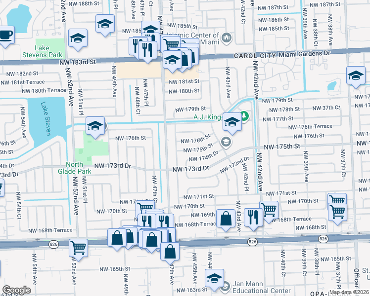 map of restaurants, bars, coffee shops, grocery stores, and more near 4511 Northwest 174th Drive in Miami Gardens