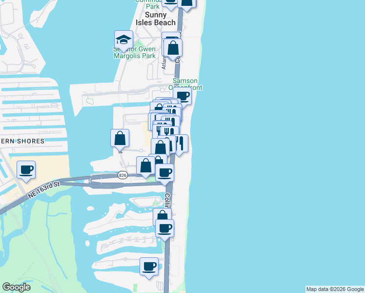map of restaurants, bars, coffee shops, grocery stores, and more near 17001 Collins Avenue in Sunny Isles Beach
