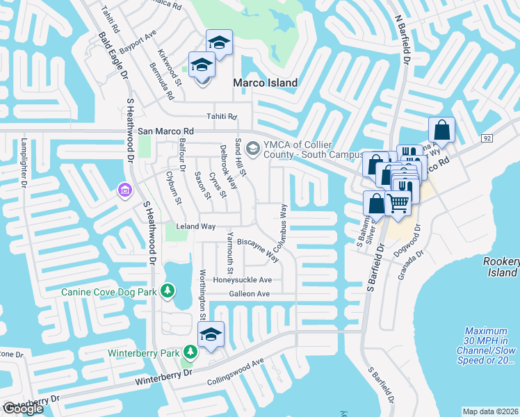 map of restaurants, bars, coffee shops, grocery stores, and more near 189 Sand Hill Street in Marco Island