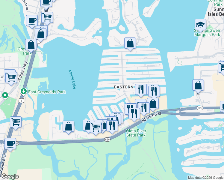 map of restaurants, bars, coffee shops, grocery stores, and more near 3344 Northeast 167th Street in North Miami Beach