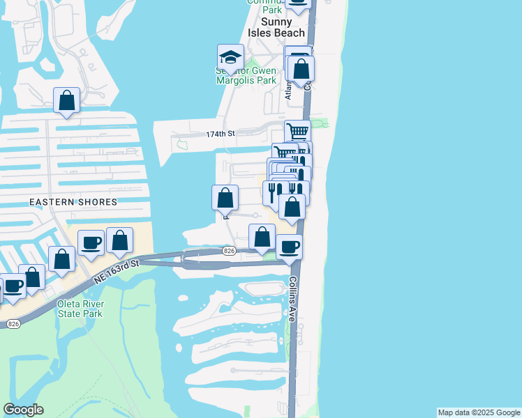 map of restaurants, bars, coffee shops, grocery stores, and more near 17094 Collins Avenue in North Miami Beach