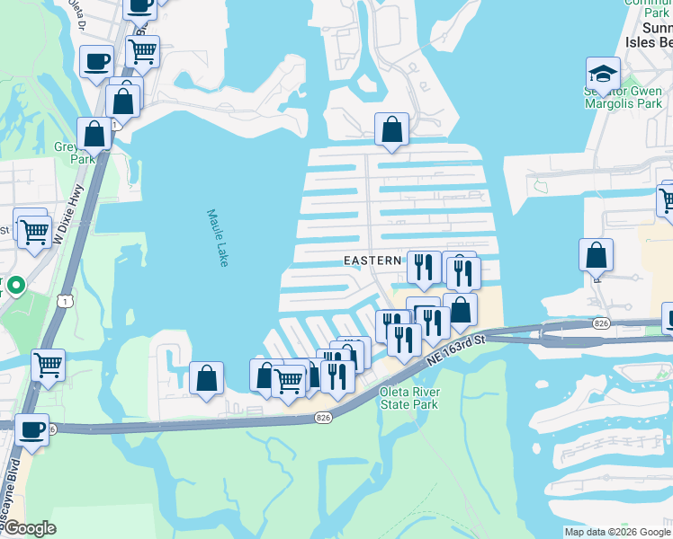 map of restaurants, bars, coffee shops, grocery stores, and more near 3344 Northeast 167th Street in North Miami Beach