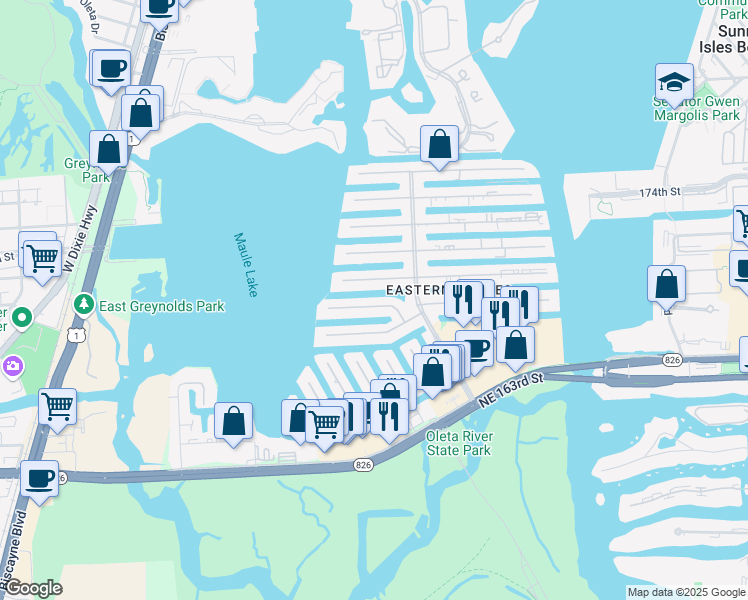 map of restaurants, bars, coffee shops, grocery stores, and more near 3344 Northeast 167th Street in North Miami Beach