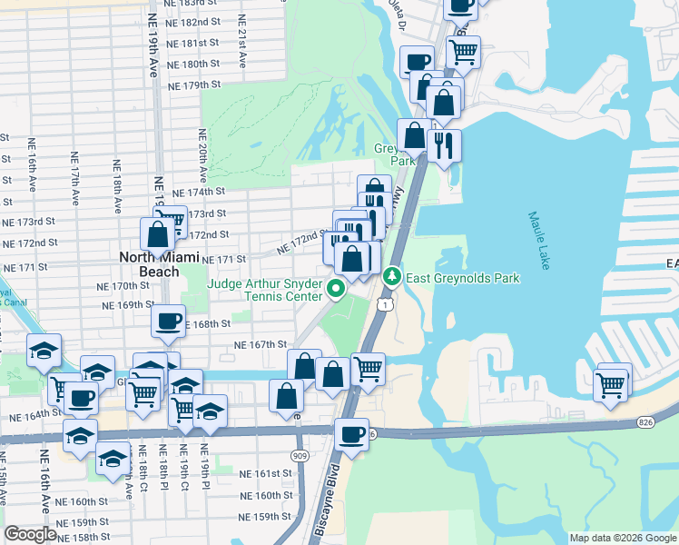 map of restaurants, bars, coffee shops, grocery stores, and more near 2300 Northeast 171 Street in North Miami Beach