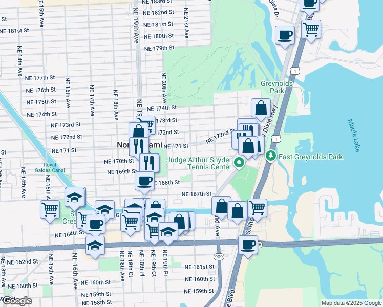 map of restaurants, bars, coffee shops, grocery stores, and more near 17100 Northeast 21st Avenue in North Miami Beach