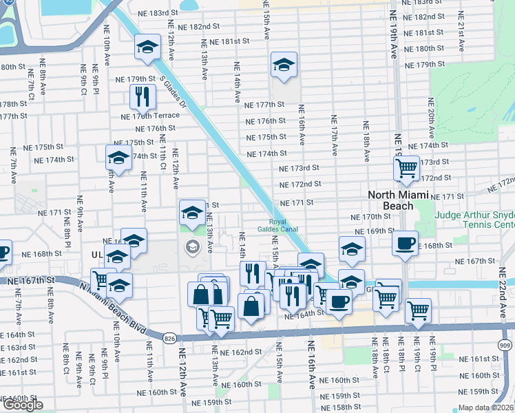 map of restaurants, bars, coffee shops, grocery stores, and more near 17190 South Glades Drive in North Miami Beach