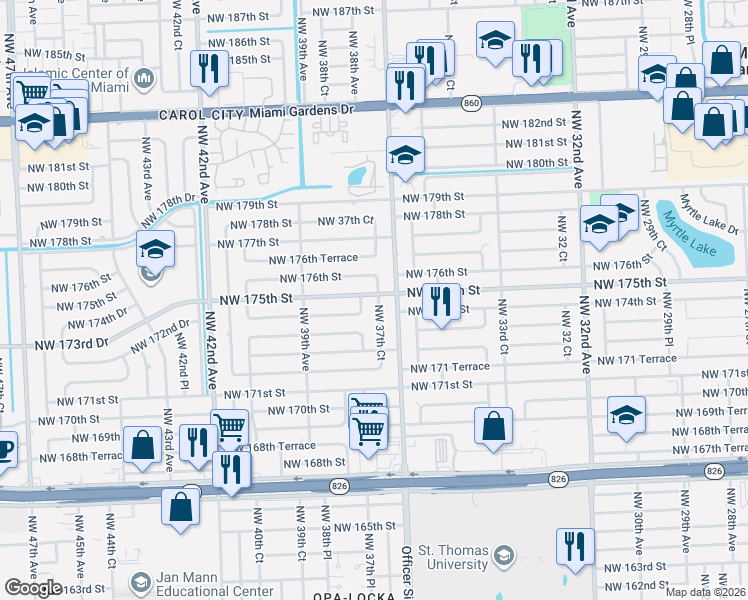 map of restaurants, bars, coffee shops, grocery stores, and more near 3740 Northwest 176th Street in Miami Gardens
