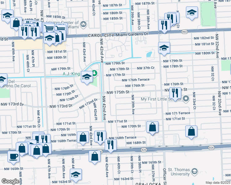 map of restaurants, bars, coffee shops, grocery stores, and more near 17521 Northwest 41st Avenue in Miami Gardens