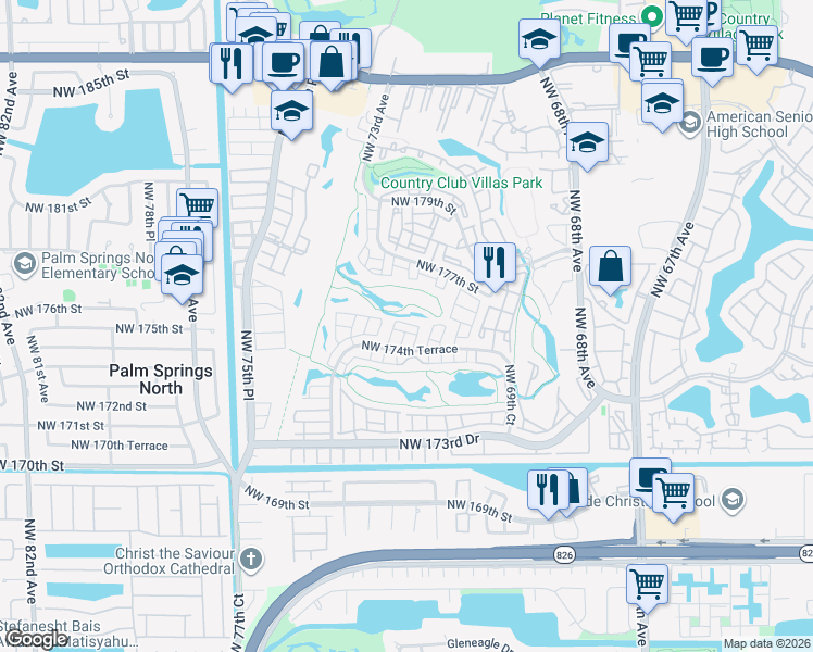 map of restaurants, bars, coffee shops, grocery stores, and more near 7281 Northwest 174th Terrace in Hialeah