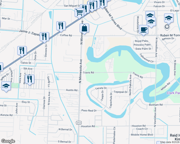 map of restaurants, bars, coffee shops, grocery stores, and more near 5625 Travis Road in Brownsville