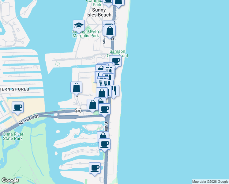 map of restaurants, bars, coffee shops, grocery stores, and more near 17001 Collins Avenue in Sunny Isles Beach