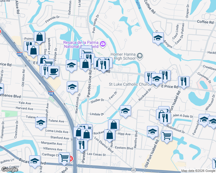 map of restaurants, bars, coffee shops, grocery stores, and more near 54 South Price Road in Brownsville