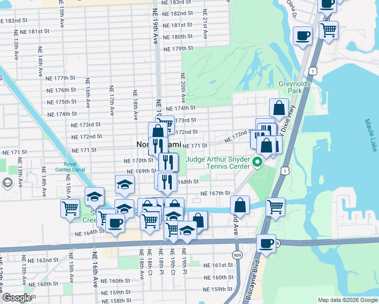 map of restaurants, bars, coffee shops, grocery stores, and more near 2001 Northeast 171 Street in North Miami Beach