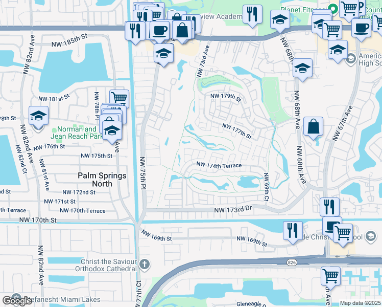 map of restaurants, bars, coffee shops, grocery stores, and more near 7353 Northwest 174th Terrace in Hialeah
