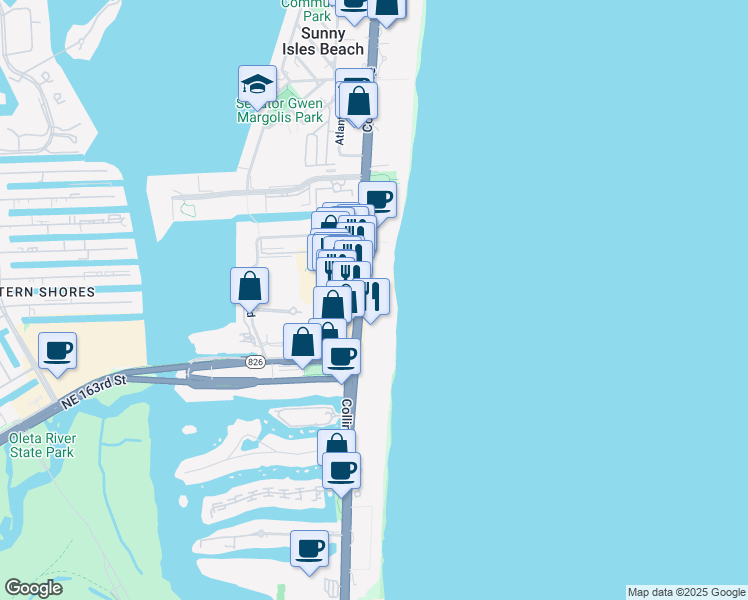 map of restaurants, bars, coffee shops, grocery stores, and more near 17001 Collins Avenue in Sunny Isles Beach