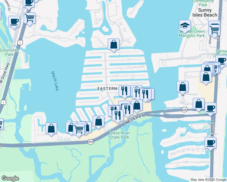 map of restaurants, bars, coffee shops, grocery stores, and more near in North Miami Beach