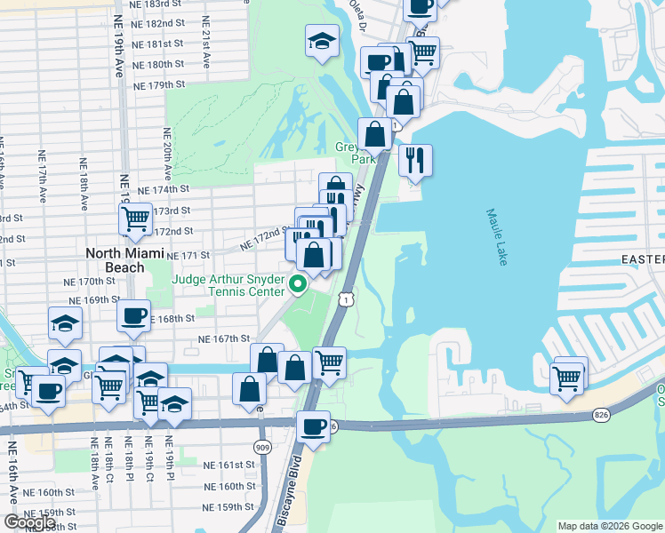 map of restaurants, bars, coffee shops, grocery stores, and more near 17092 West Dixie Highway in North Miami Beach