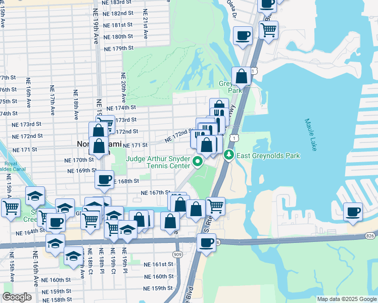 map of restaurants, bars, coffee shops, grocery stores, and more near 2230 Northeast 171 Street in North Miami Beach