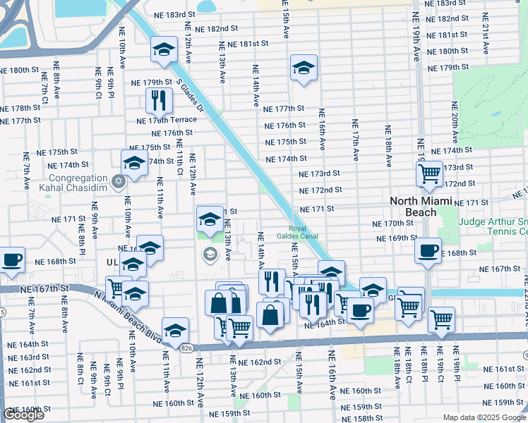 map of restaurants, bars, coffee shops, grocery stores, and more near 17190 South Glades Drive in North Miami Beach