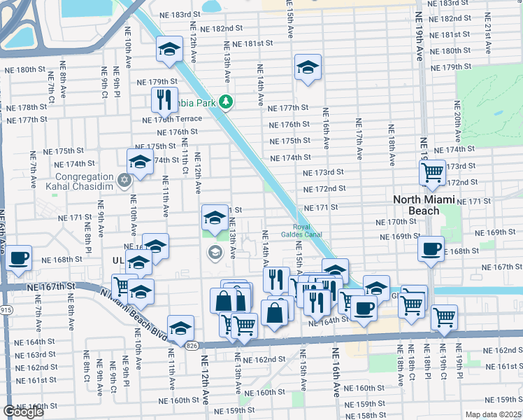 map of restaurants, bars, coffee shops, grocery stores, and more near 17190 South Glades Drive in North Miami Beach