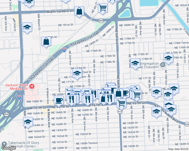 map of restaurants, bars, coffee shops, grocery stores, and more near 375 Northeast 172nd Street in North Miami Beach