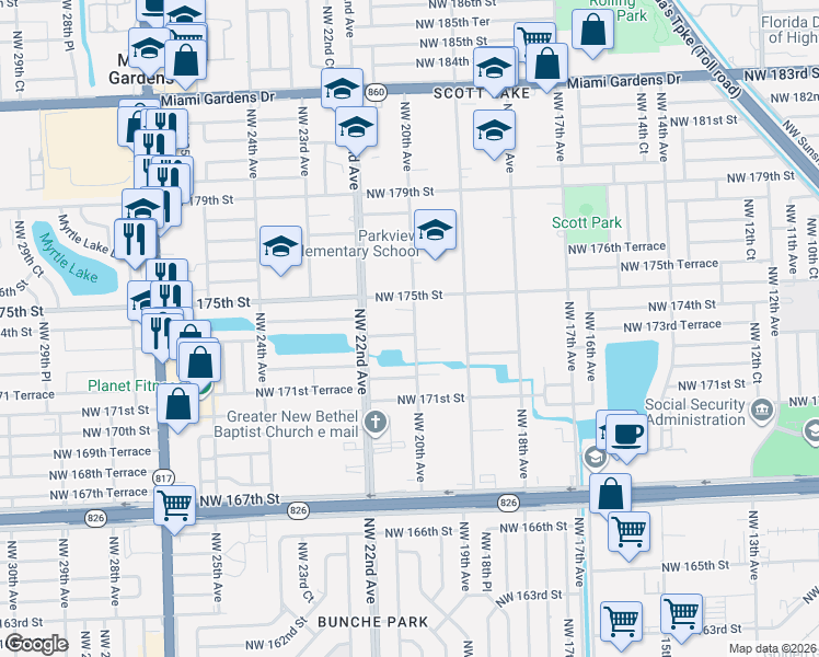 map of restaurants, bars, coffee shops, grocery stores, and more near 2000 Northwest 175th Street in Miami Gardens