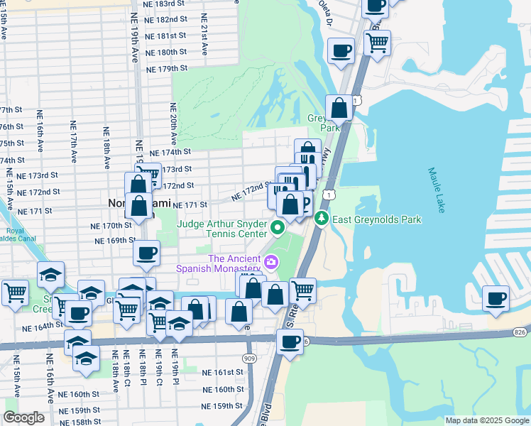 map of restaurants, bars, coffee shops, grocery stores, and more near 2230 Northeast 171 Street in North Miami Beach