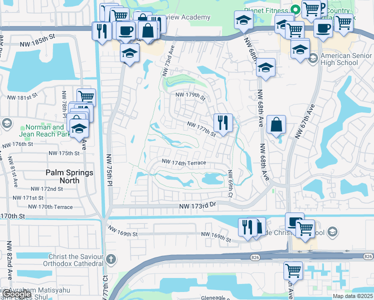 map of restaurants, bars, coffee shops, grocery stores, and more near 7281 Northwest 174th Terrace in Hialeah