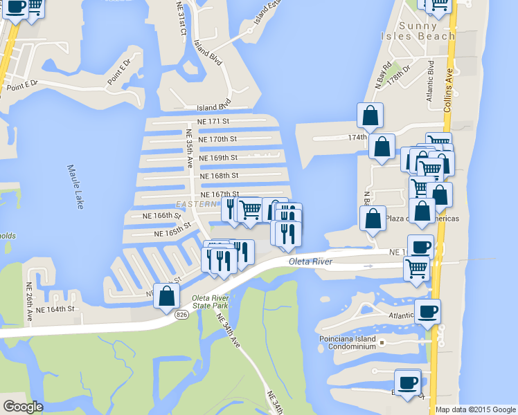 map of restaurants, bars, coffee shops, grocery stores, and more near 3860 Northeast 167th Street in North Miami Beach