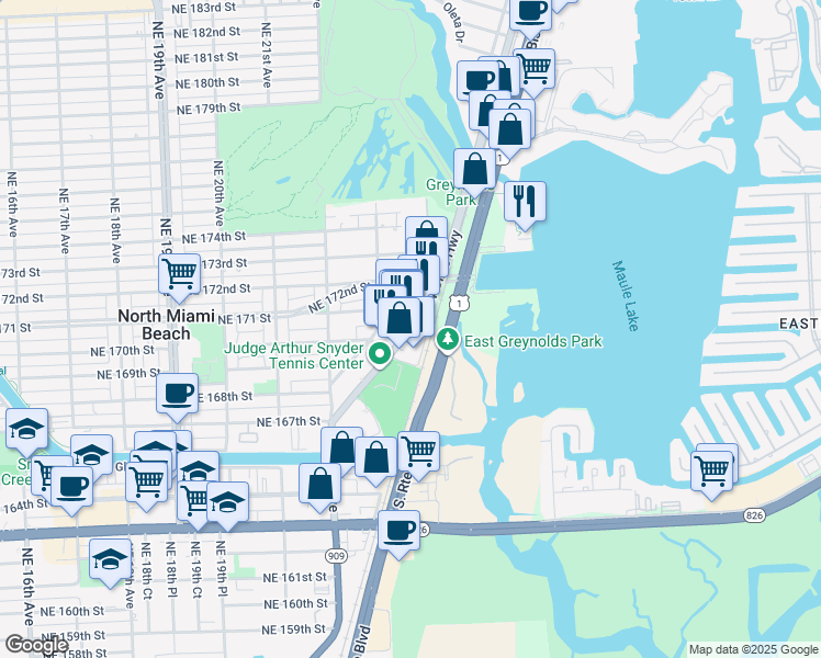 map of restaurants, bars, coffee shops, grocery stores, and more near 17092 West Dixie Highway in North Miami Beach