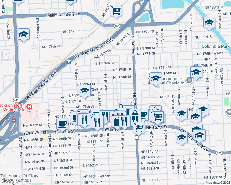 map of restaurants, bars, coffee shops, grocery stores, and more near 445 Northeast 172nd Street in North Miami Beach