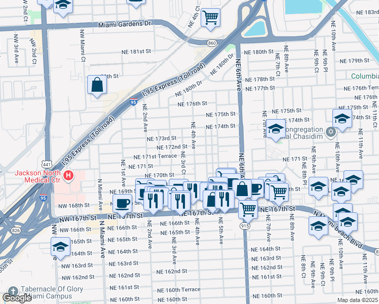 map of restaurants, bars, coffee shops, grocery stores, and more near 375 Northeast 172nd Street in North Miami Beach