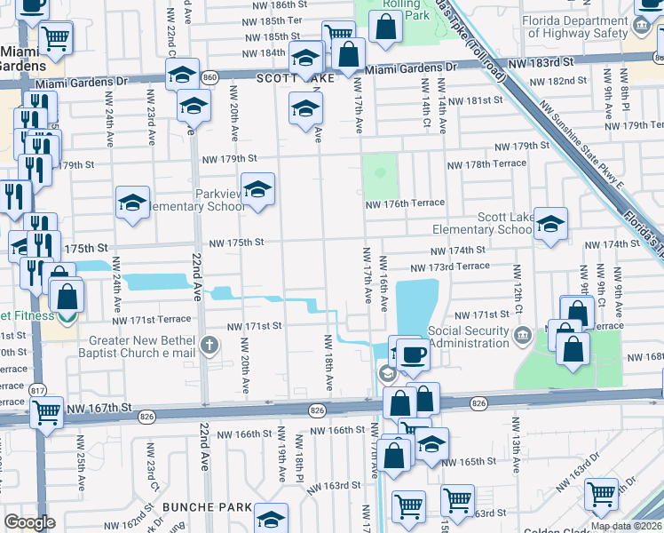 map of restaurants, bars, coffee shops, grocery stores, and more near 17405 Northwest 18th Avenue in Miami Gardens