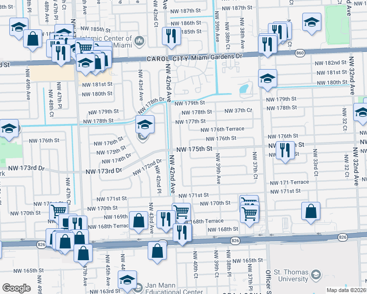map of restaurants, bars, coffee shops, grocery stores, and more near 17521 Northwest 41st Avenue in Miami Gardens