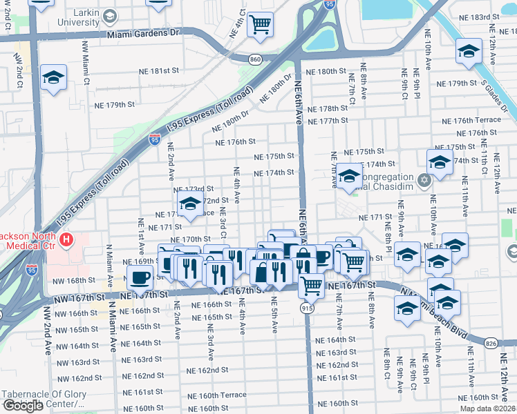 map of restaurants, bars, coffee shops, grocery stores, and more near 445 Northeast 172nd Street in North Miami Beach