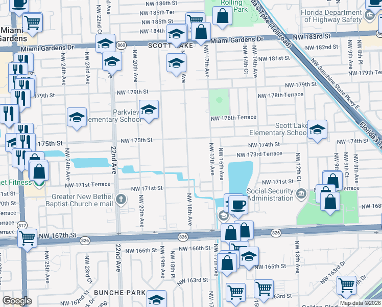 map of restaurants, bars, coffee shops, grocery stores, and more near 17405 Northwest 18th Avenue in Miami Gardens