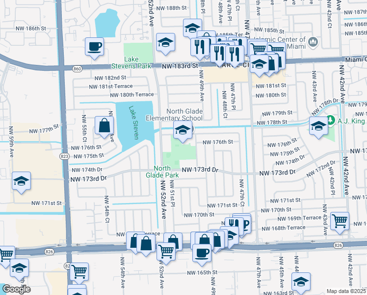map of restaurants, bars, coffee shops, grocery stores, and more near 5000 Northwest 177th Street in Opa-locka