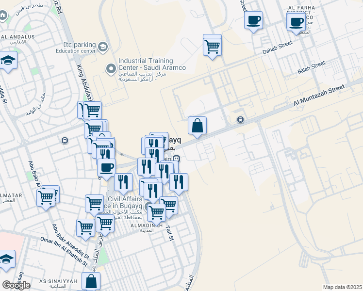 map of restaurants, bars, coffee shops, grocery stores, and more near 2225 Al Muntazah Street in Buqayq