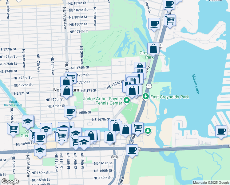 map of restaurants, bars, coffee shops, grocery stores, and more near 2230 Northeast 171 Street in North Miami Beach