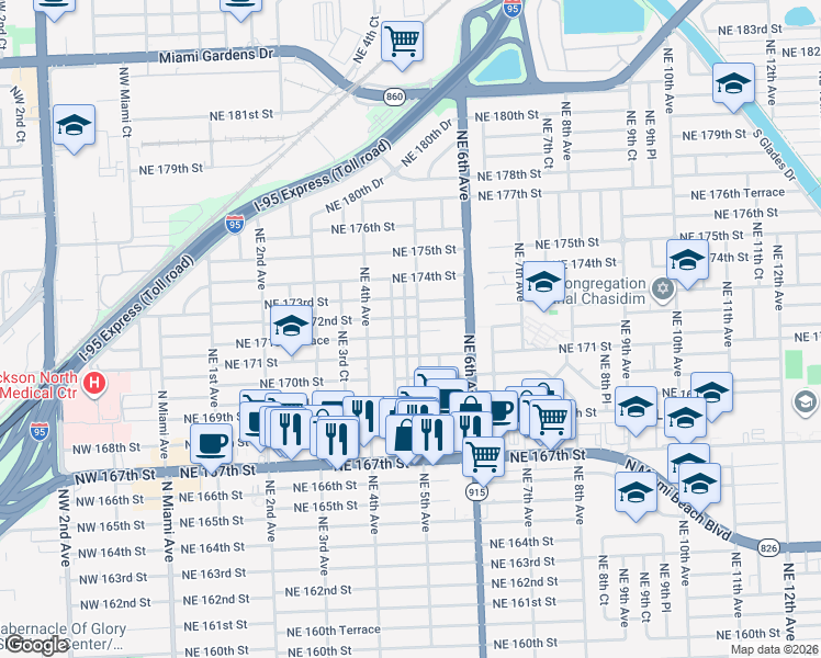 map of restaurants, bars, coffee shops, grocery stores, and more near 445 Northeast 172nd Street in North Miami Beach